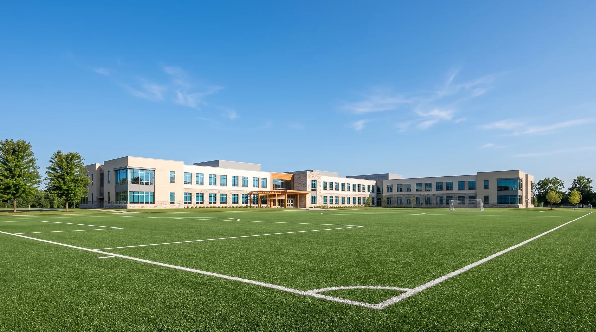A modern school beside a green sports field under a blue sky
